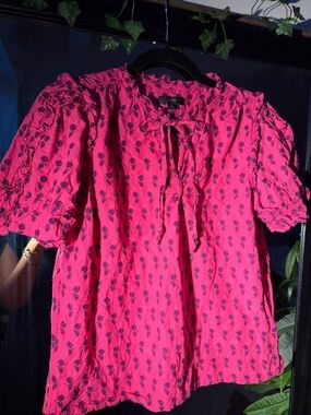 J. Crew Hot Pink Floral Tie-Neck Blouse